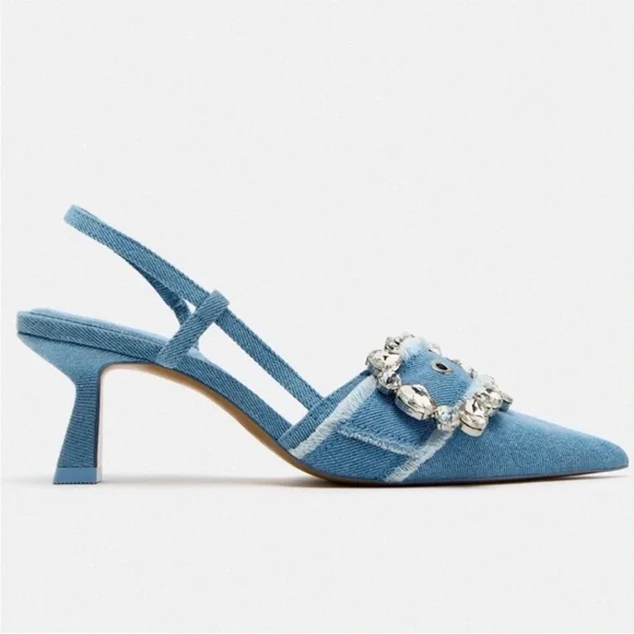 Women's Zara Denim Slingback Heels with Crystal Embellishment - Picture 2 of 12